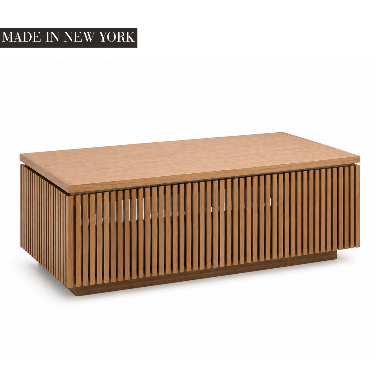 Rift oak ribbed storage coffee table with vertical slatted detailing, floating top and recessed plinth base, handcrafted in New York by Cambridge Kitchens.