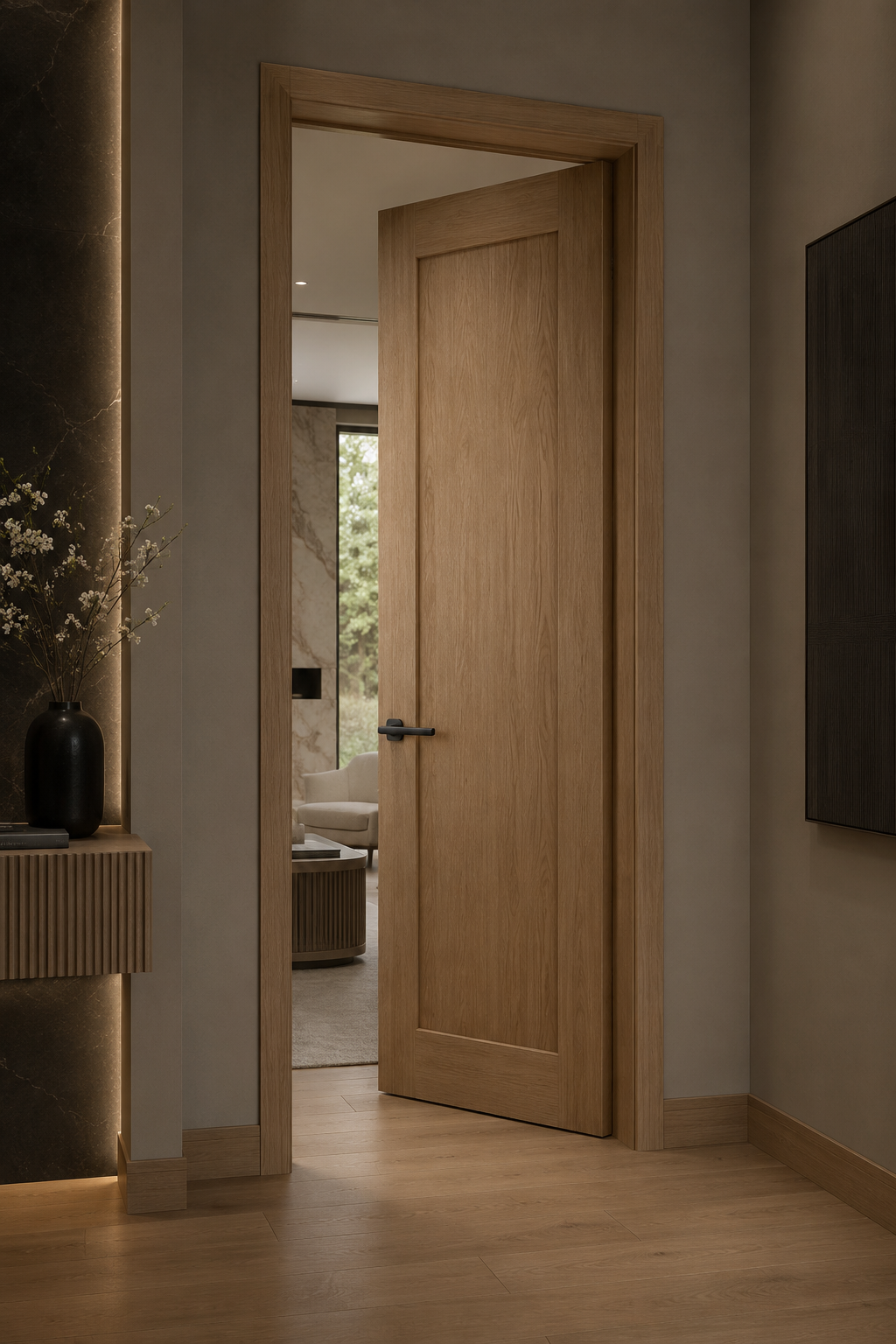 Modern white oak interior door with engineered solid hardwood construction, custom hardwood jamb, and minimalist design manufactured by Cambridge Kitchens.