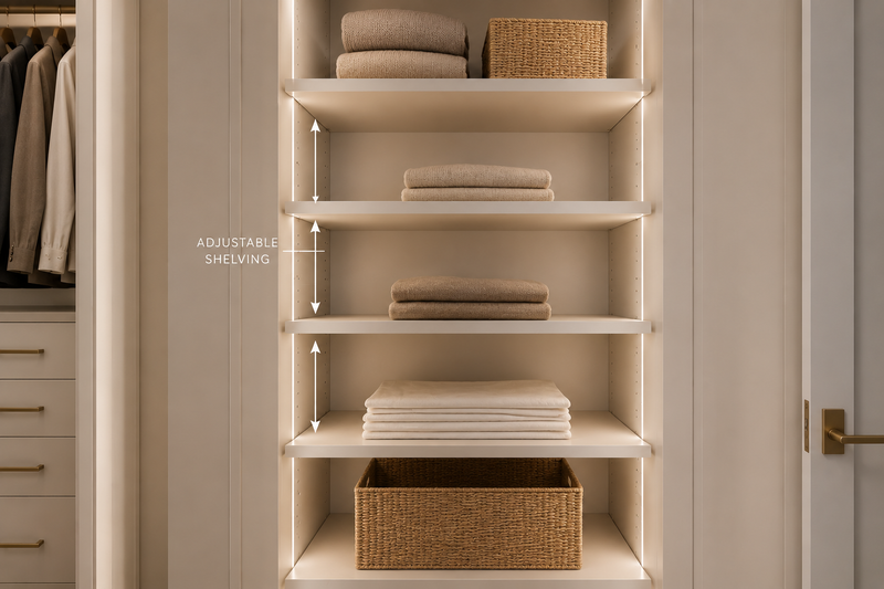 Adjustable shelving in a custom melamine closet system.