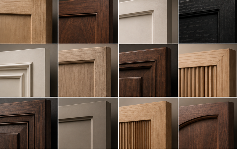 Close-up of custom cabinet door styles and profiles in wood and painted finishes.