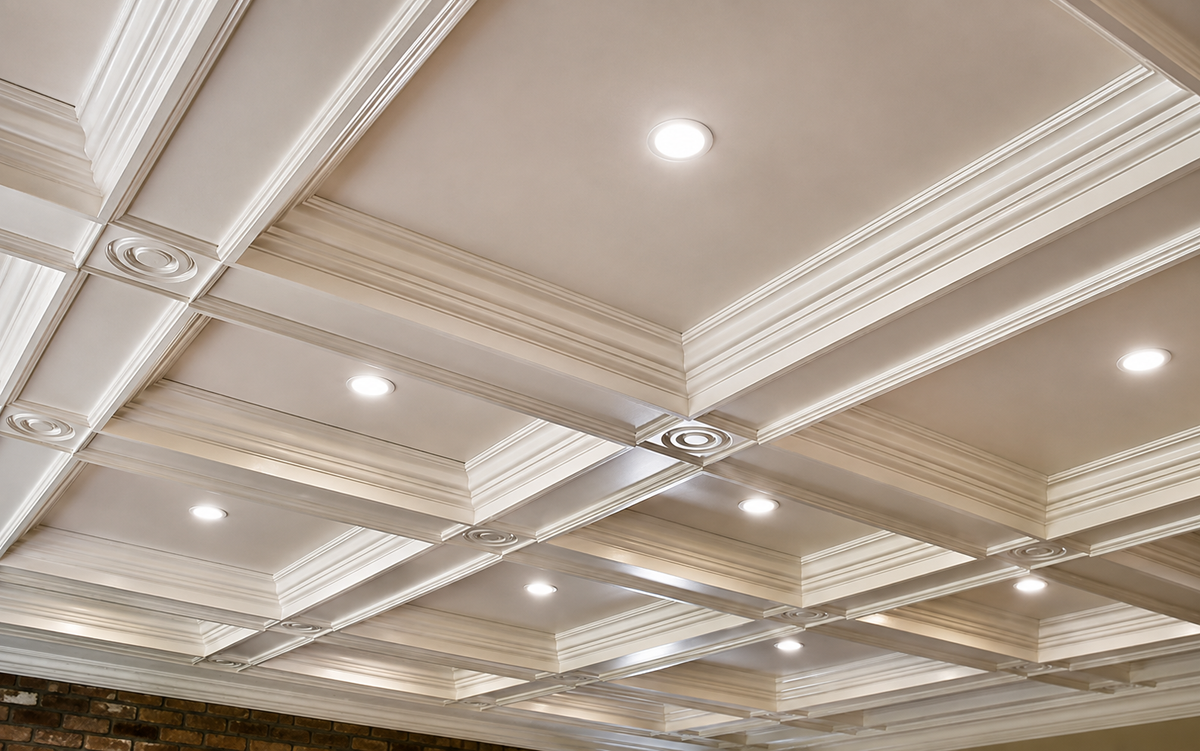 Custom coffered ceiling with layered crown molding, decorative rosettes and integrated recessed lighting by Cambridge Kitchens on Long Island.