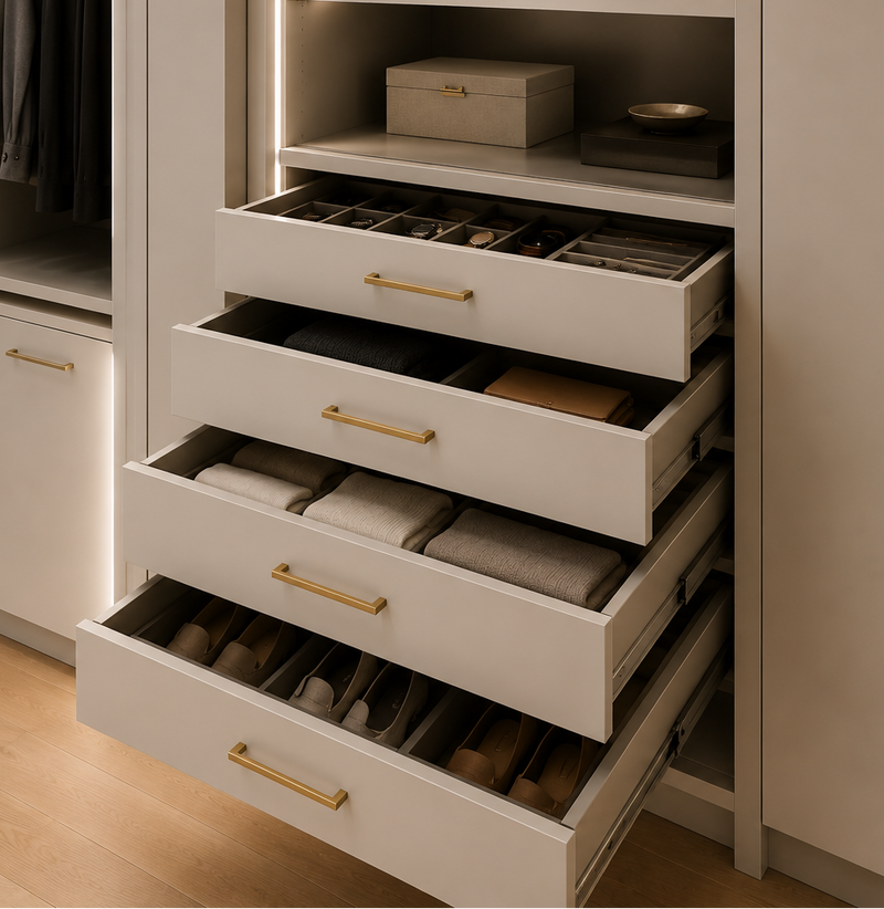Custom closet drawers with organized storage and integrated accessories.
