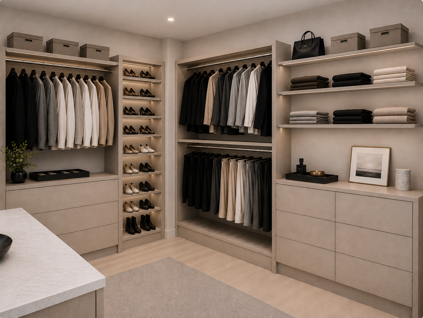 Custom walk-in closet with light wood-look melamine cabinetry, shelving, integrated lighting, hanging storage, shoe shelving, and custom drawers.