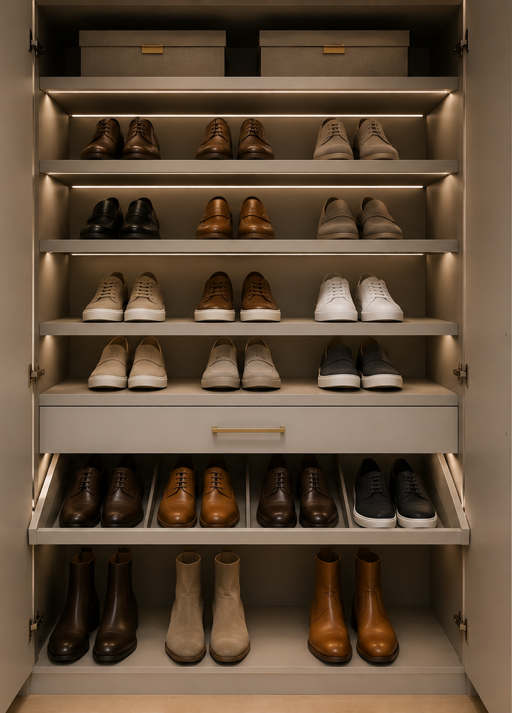 Custom shoe storage with adjustable shelving and integrated lighting.