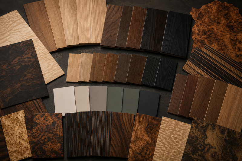 Custom wood finishes and exotic veneers available for luxury cabinetry by Cambridge Kitchens.