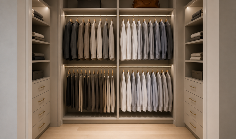 Custom closet with double hanging sections and integrated storage.