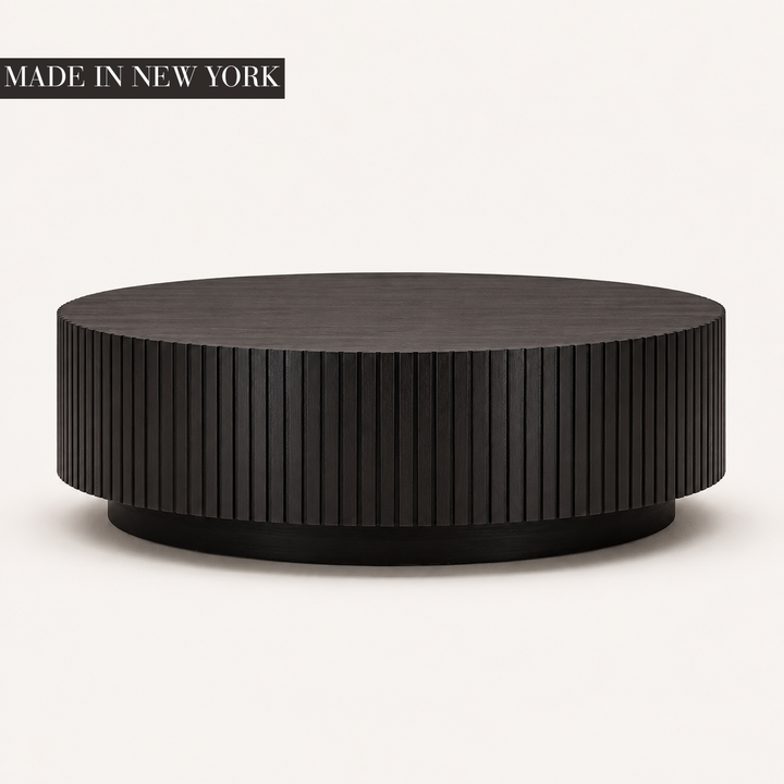 Dark walnut Fluted Round Coffee Table with precision vertical fluting and recessed plinth base, handcrafted in New York by Cambridge Kitchens.