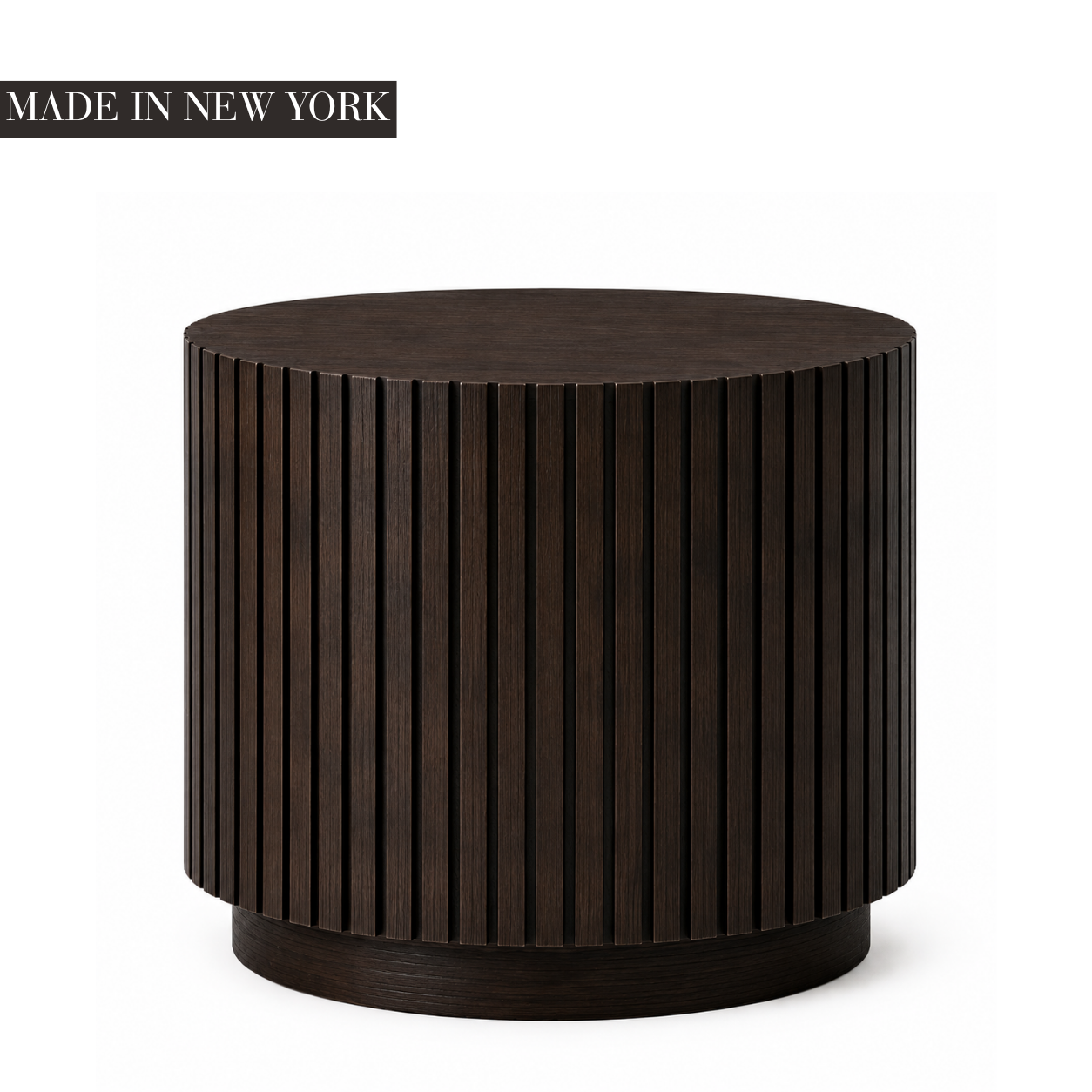Dark walnut Fluted Round Side Table with precision vertical fluting and recessed plinth base, handcrafted in New York by Cambridge Kitchens.