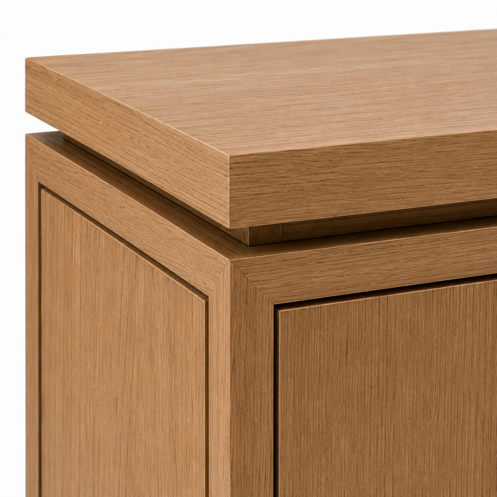 Close-up of The Framed Side Table in rift white oak, highlighting the 1.25-inch tabletop, 1/2-inch shadow reveal, and precision-framed detailing.
