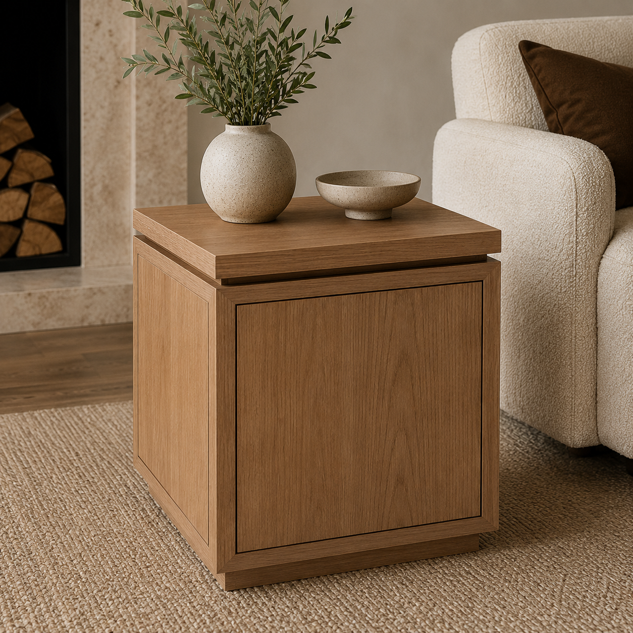 The Framed Side Table in rift white oak, featuring architectural framed detailing, a floating 1.25-inch tabletop, shadow reveal, and recessed plinth base.