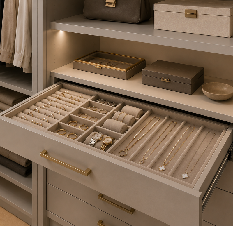 Custom jewelry and accessory drawer with organized storage.