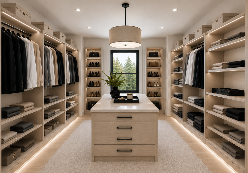 Light wood-look melamine custom walk-in closet with open shelving, integrated lighting, hanging storage, shoe shelving, and center island.