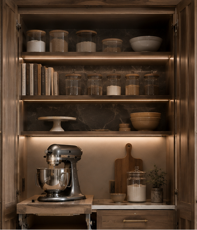 Custom luxury baking center with integrated mixer lift and walnut cabinetry.