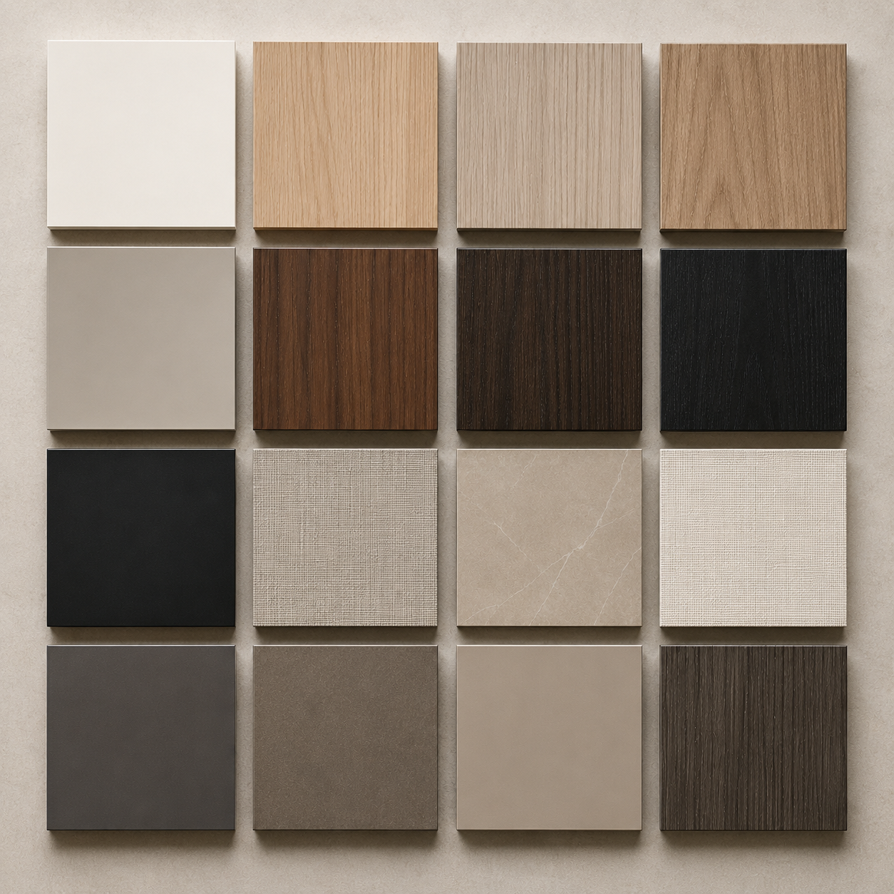 Selection of custom closet melamine finishes including wood grains, warm neutrals, whites, dark tones, and textured surfaces.