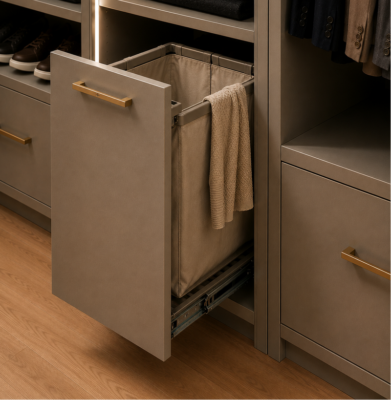 Integrated pull-out laundry hamper in a custom closet system.