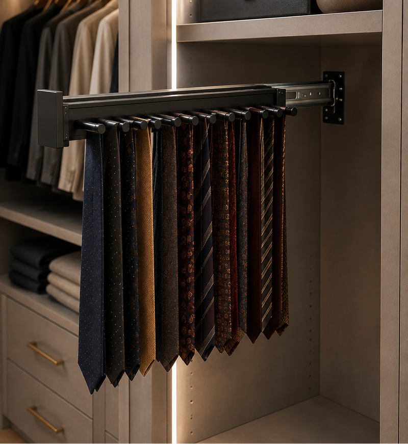 Pull-out tie rack integrated into a custom closet system.