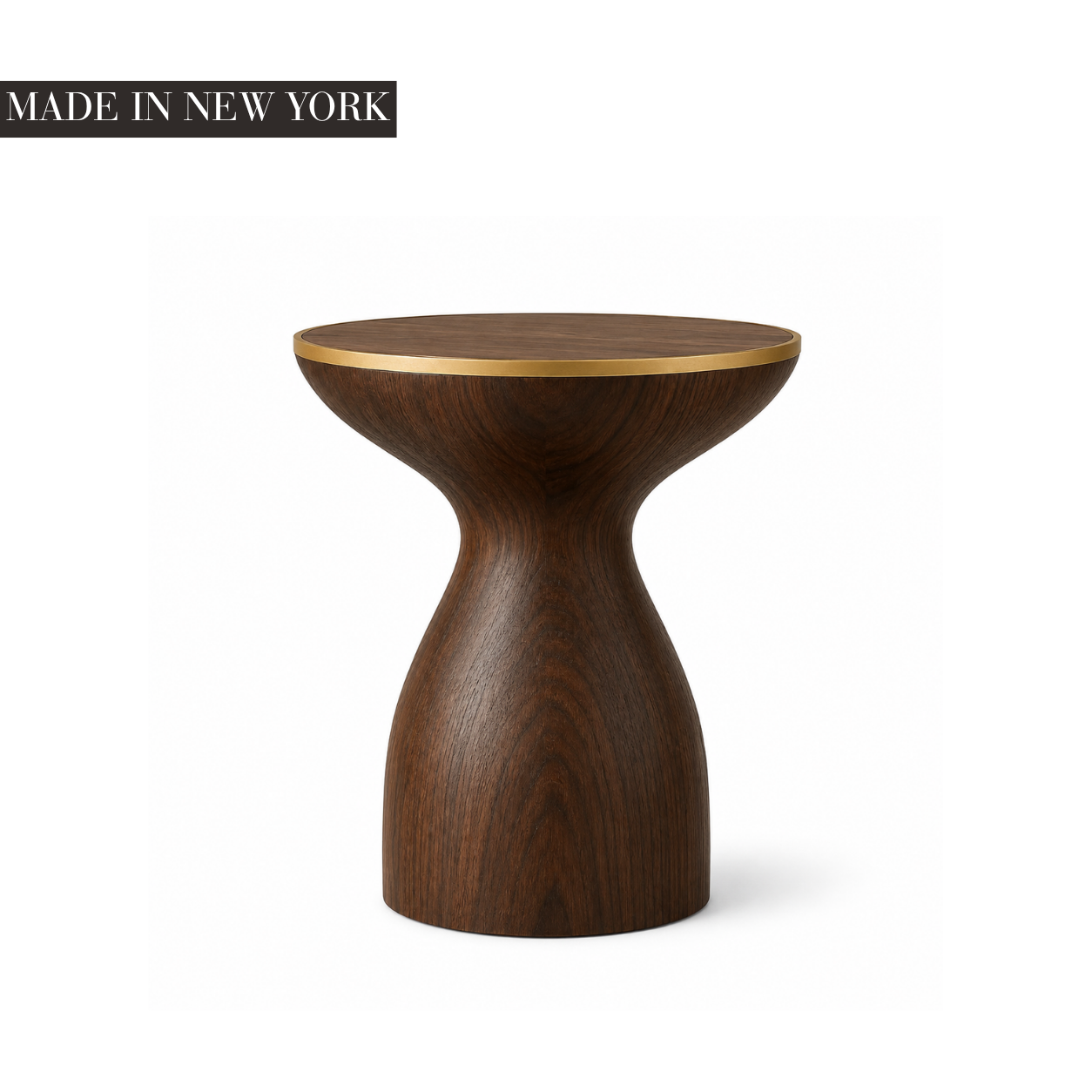 Sculptural walnut side table with curved solid wood base and brushed brass inlay detail, handcrafted in New York by Cambridge Kitchens.