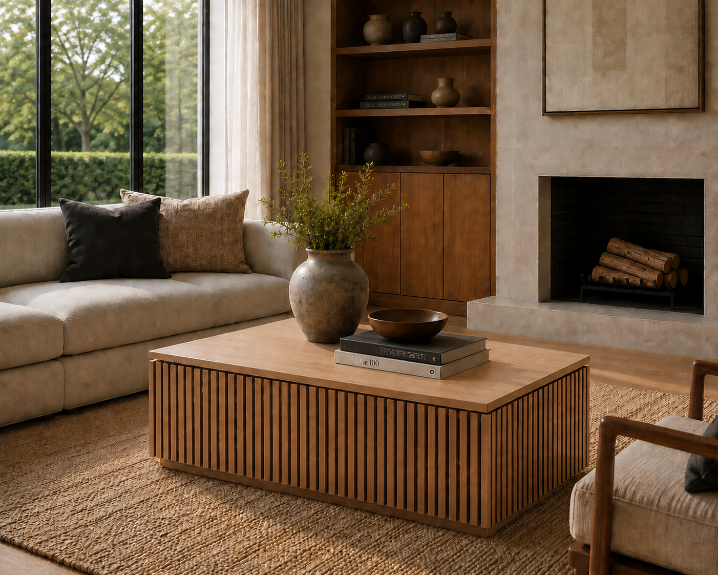 The Ribbed Coffee Table in rift white oak staged in a modern luxury living room with warm natural finishes and architectural styling.