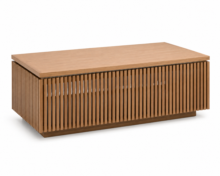The Ribbed Coffee Table handcrafted from premium rift white oak featuring architectural vertical rib detailing, concealed storage, and a floating plinth base on a white background.