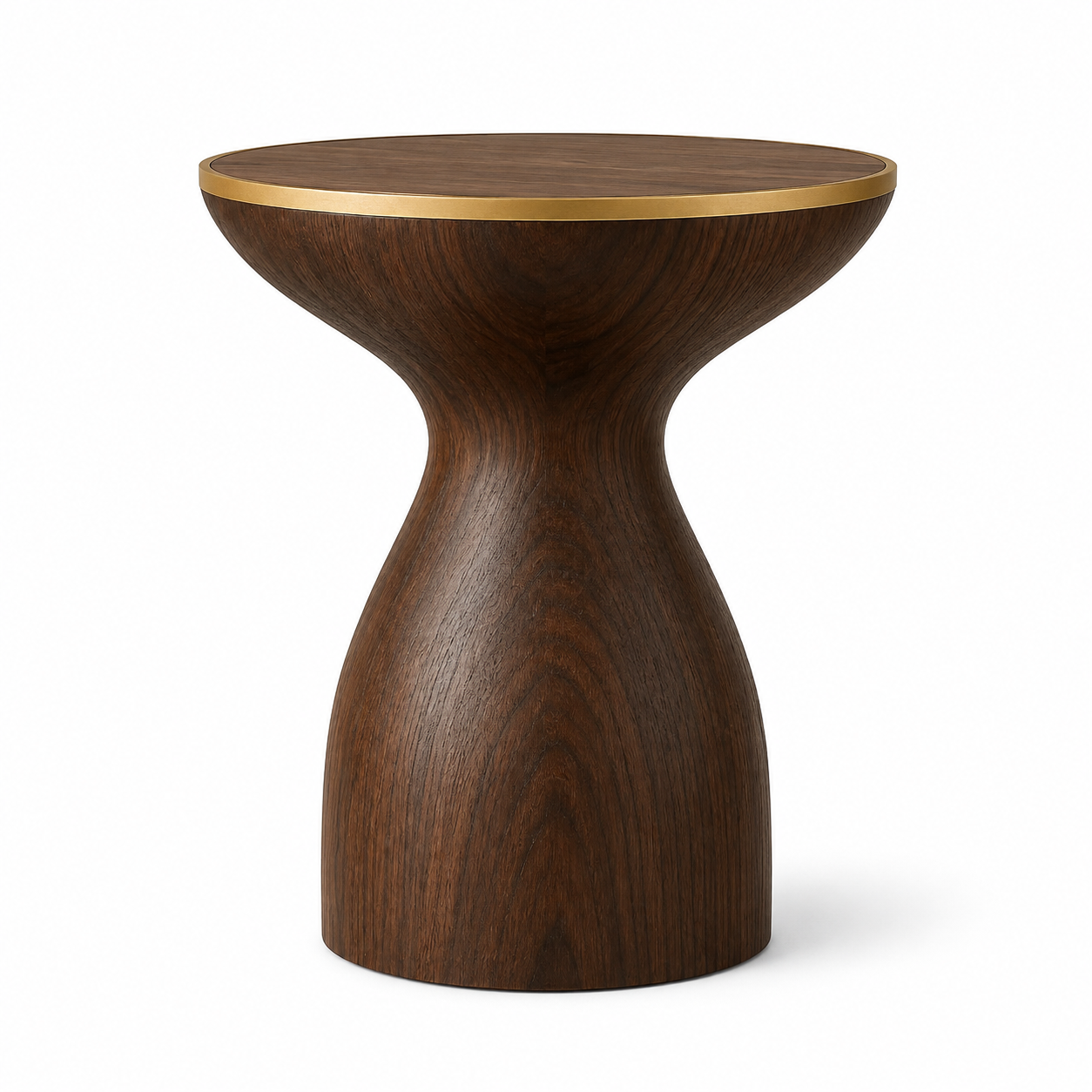 The Sculptural Side Table handcrafted from solid walnut featuring a sculpted hourglass silhouette, brushed brass tabletop inlay, and a hand-finished matte surface on a white background.