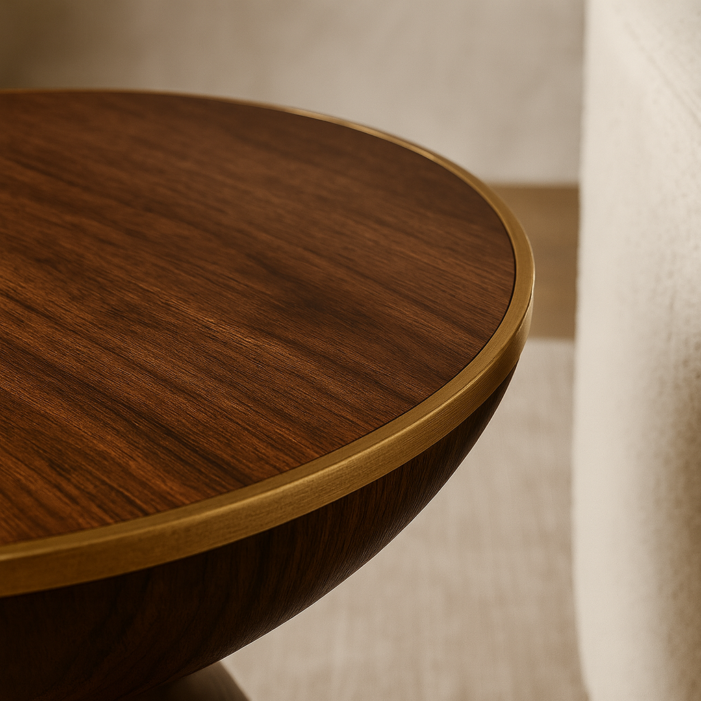 Close-up of the brushed brass tabletop inlay and hand-finished solid walnut grain on The Sculptural Walnut Side Table.