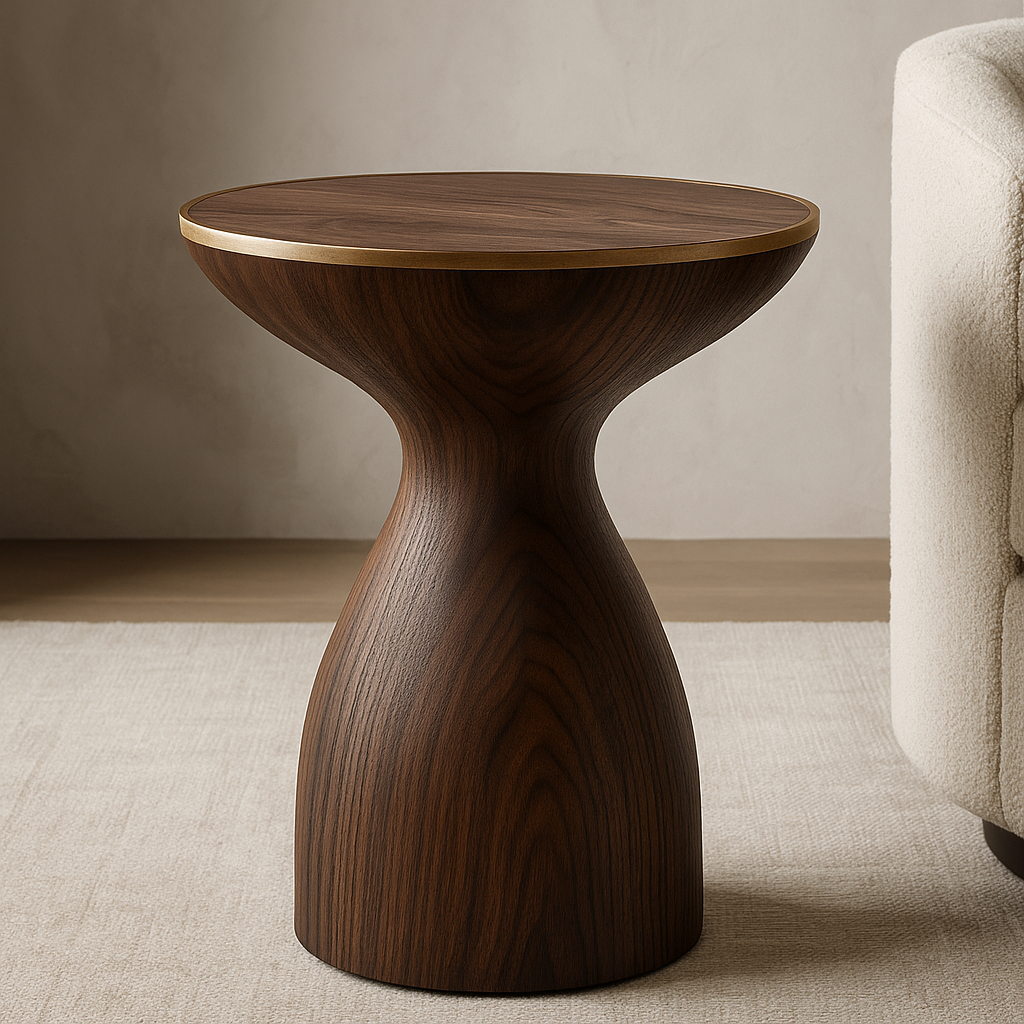 The Sculptural Walnut Side Table in a luxury living room showcasing solid walnut craftsmanship and architectural design.