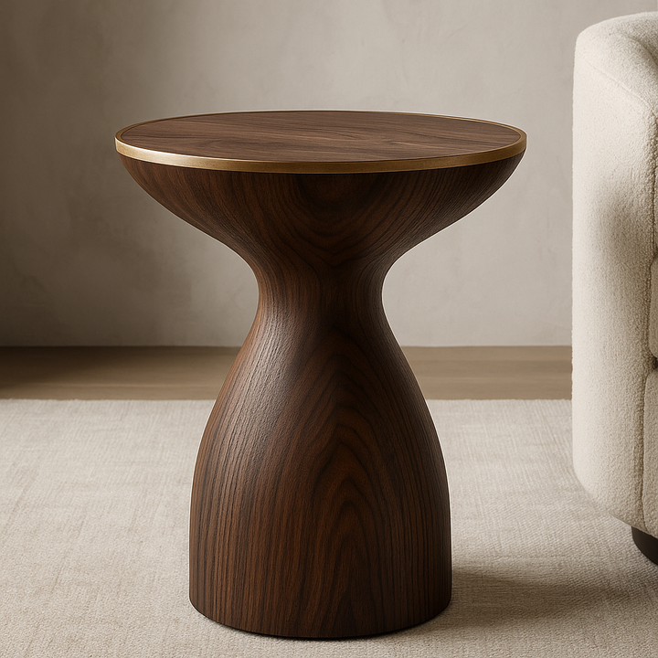 The Sculptural Walnut Side Table in a luxury living room showcasing solid walnut craftsmanship and architectural design.