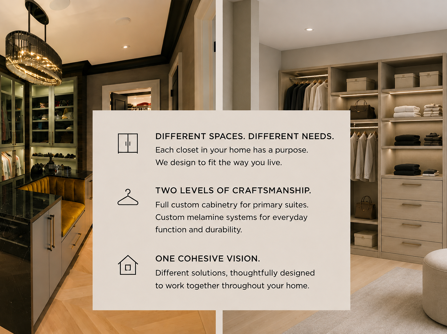 Luxury primary dressing room paired with a custom melamine closet, showcasing Cambridge Kitchens’ whole-home closet solutions.